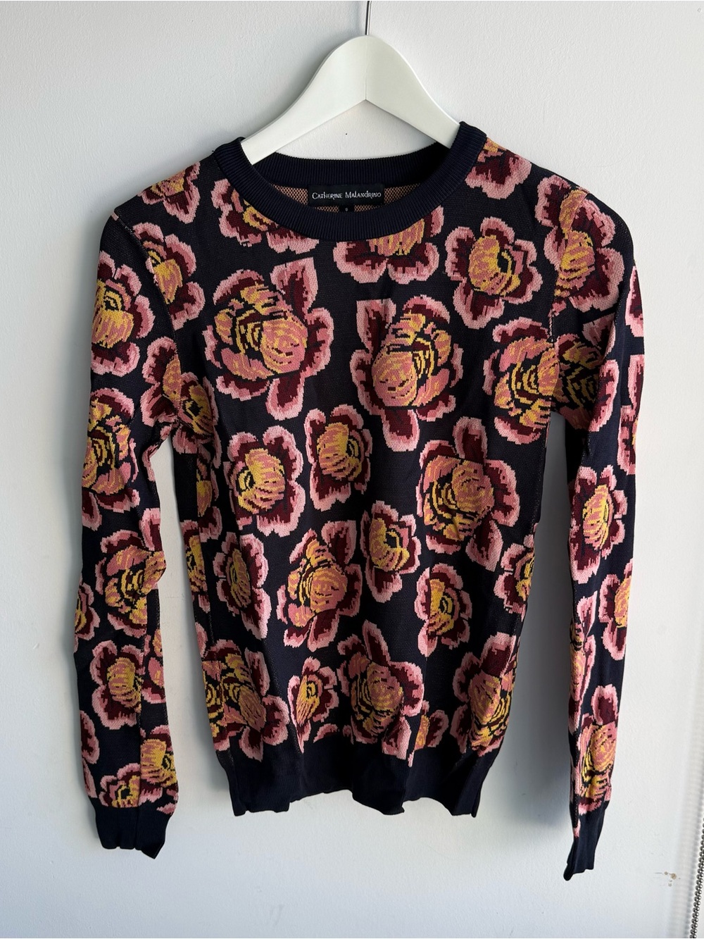 Catherine Malandrino Navy Crewneck Sweater with Pink & Yellow Rose Print